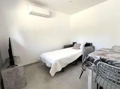 a bedroom with a bed and a tv in it at Villa Canoe - Appartement 2 pièces in Santa-Maria-Poggio