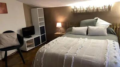 a bedroom with a large bed and a television at Cozy cocoon 300m de la plage in Borgo