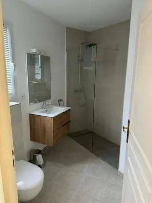 a bathroom with a toilet and a sink and a shower at Mini villa Corse in Santa-Maria-Poggio