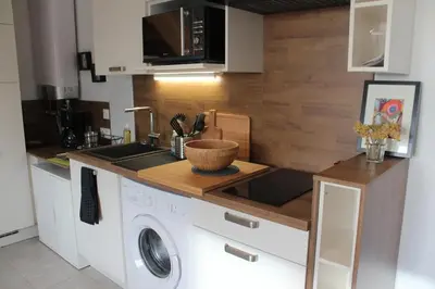 a kitchen with a sink and a washing machine at Logement T2 Villa Bavella Vista in Quenza