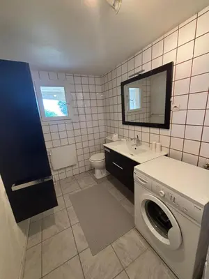 a bathroom with a washing machine and a sink at Rez de villa de 45 m2 Afa calme et fleuri in Afa