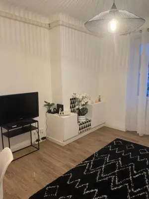a living room with a flat screen tv and a rug at Grand T2 Ajaccio - Proche port et transports in Ajaccio