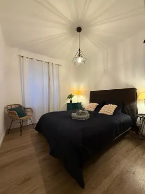 a bedroom with a large black bed and a chair at Grand T2 Ajaccio - Proche port et transports in Ajaccio