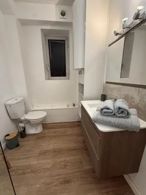 a bathroom with a toilet and a sink with towels at Grand T2 Ajaccio - Proche port et transports in Ajaccio