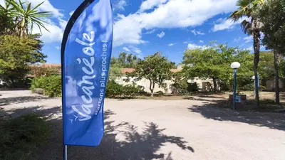 a blue flag on a pole in a driveway at Lisa Maria D N38 2P5 in Sari Solenzara