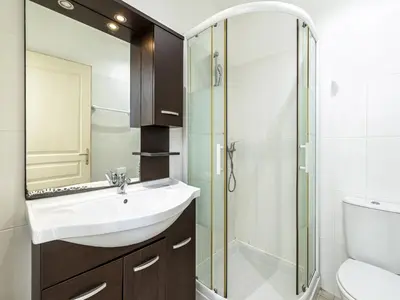 a bathroom with a sink and a shower at Lisa Maria E N60 3P7 in Sari Solenzara