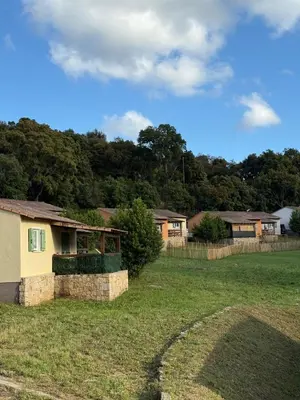 a house in a field with trees in the background at Villa T3 avec piscine in Sollacaro