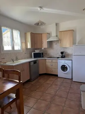 a kitchen with wooden cabinets and a white appliance at Villa T3 avec piscine in Sollacaro
