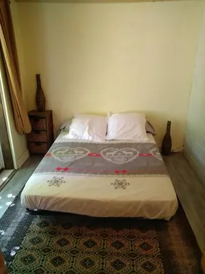a bed in a small room with a bedspread on it at Gîte nature sous les châtaigniers in Zonza