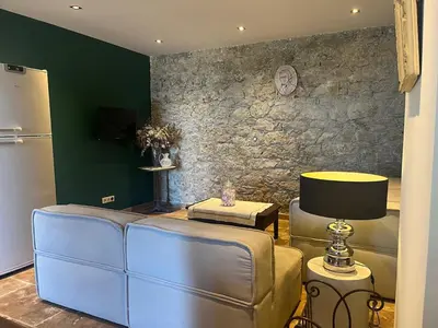 a living room with a couch and a stone wall at Casetta Teppe rosse in Aléria
