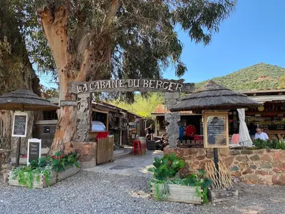 a restaurant with a tree and a sign that reads cabbage jug brewery at Petit cocon près des Calanques de Piana in Porto Ota