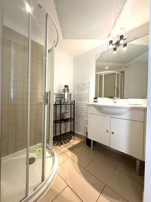 a bathroom with a shower and a sink and a mirror at Appartement pieds dans l'eau sur Port de Plaisance in Sari Solenzara