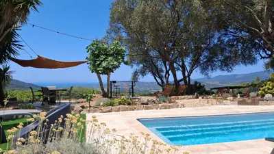 a swimming pool with a view of the ocean at A Casa Faggia in Sollacaro