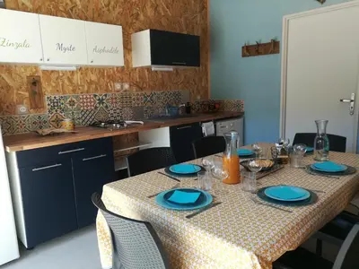 a kitchen with a table with blue plates on it at A Casa Faggia in Sollacaro