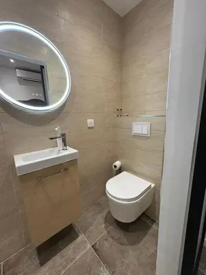 a bathroom with a toilet and a sink and a mirror at Appartement plein centre avec jardin de 40m2 près des plages in Propriano