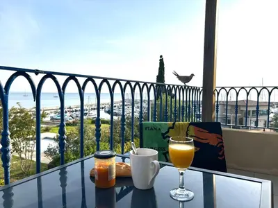 a table with a glass of orange juice on a balcony at Charmant T2 sur le Port de Plaisance de Solenzara in Sari Solenzara