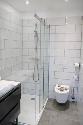 a bathroom with a glass shower and a toilet at Résidence A Stella in Piana