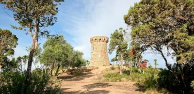 a stone tower sitting on top of a hill with trees at Bas de villa 27 Pietrosella in Pietrosella
