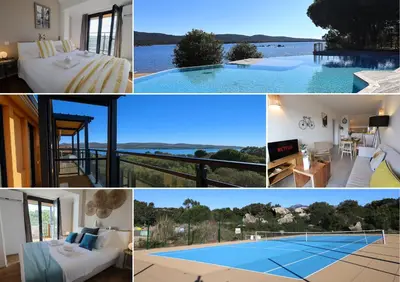 a collage of photos of a house with a swimming pool at L'Orizonte - T3 vue mer piscine et plage in Pianottoli-Caldarello