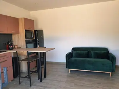 a living room with a green couch in a kitchen at Lumineux studio entre terre et mer à 2min de la plage in Calcatoggio