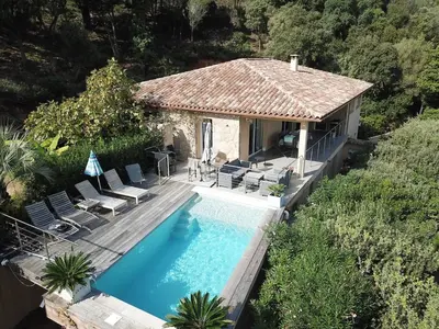 an aerial view of a house with a swimming pool at Villa with pool, sea view, Ste Lucie de Porto-Vecchio in Conca