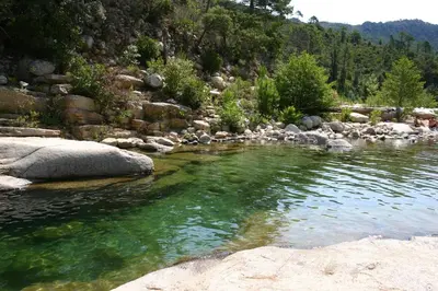 a river with green water and rocks and trees at Villa with pool, sea view, Ste Lucie de Porto-Vecchio in Conca