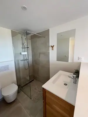 a bathroom with a shower and a toilet and a sink at Villa Solanella in Coti-Chiavari
