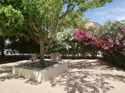 a tree in a concrete planter with pink flowers at Villa sur Travo , Solenzara in Vaccili