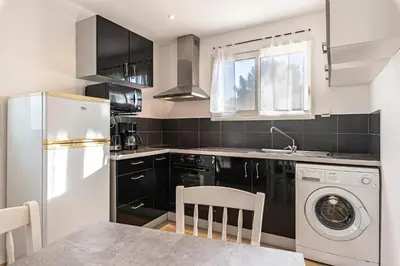 a kitchen with a white refrigerator and a dishwasher at Villa Maria Magdalena - Avec piscine in Sari Solenzara