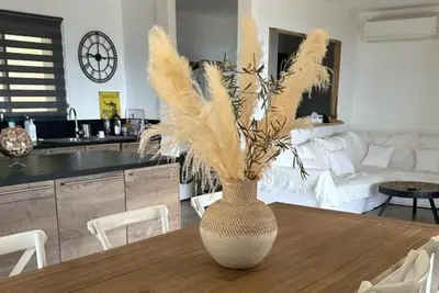 a vase with feathers on a table in a living room at Haut de Villa Superbe vue Piscine privee in Moltifao