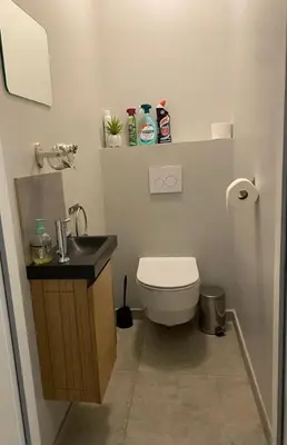 a small bathroom with a toilet and a sink at Cozy villa with pool in Eccica-Suarella