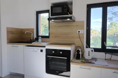 a kitchen with a stove and a microwave at A Marinca - Plage privée et piscine chauffée in Pianottoli-Caldarello