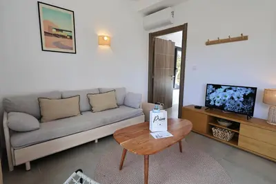 a living room with a couch and a table at A Marinca - Plage privée et piscine chauffée in Pianottoli-Caldarello