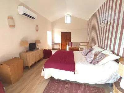 a bedroom with a large bed and a television at La Maisonnette , 2 personnes, charming cottage, 4 km from the beaches in Cargèse