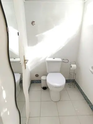 a white bathroom with a toilet and a sink at La Maisonnette , 2 personnes, charming cottage, 4 km from the beaches in Cargèse