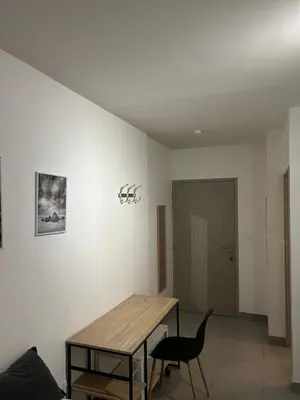 a dining room with a wooden table and a chair at Charmant studio en centre-ville in Corte