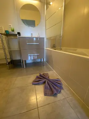 a bathroom with a sink and a towel on the floor at Entire air-conditioned accommodation, Porto Vecchio center in Porto-Vecchio