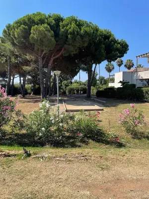 a park with a tree and a bench and flowers at T3 - accès direct plage dans résidence avec piscine in Poggio-Mezzana