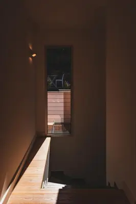 a stairway with a window in a room at Villa SOPRA - Sea View & Pool - Porto-Vecchio in Porto-Vecchio