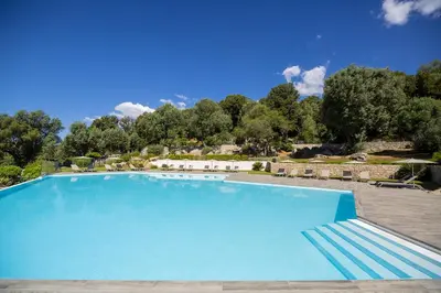 a large blue swimming pool with trees in the background at Domaine d'Arca - Hugo 01 - 5 personnes in Porto-Vecchio