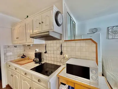 a kitchen with white cabinets and a microwave at Studio terrasse vue mer Tiuccia in Calcatoggio