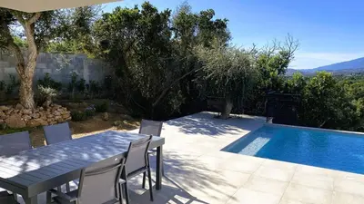 a patio with a table and chairs next to a pool at Villa Casalonga, 8 pers, piscine chauffée, 1km plage in Cirendinu