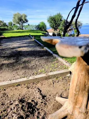 a row of wooden benches in a park at Large Family Villa, exceptional sea view in Coti-Chiavari