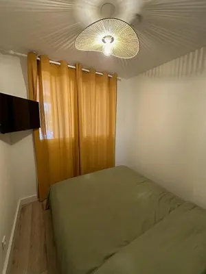 a bedroom with a bed and a ceiling fan at Appartement T2 jardin & accès plage privée in Grosseto-Prugna