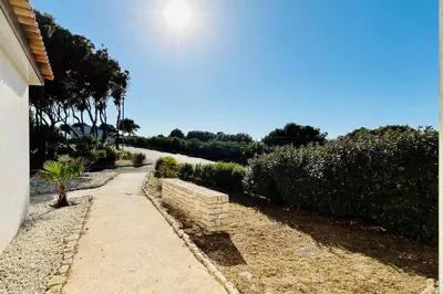 a sidewalk next to a road with trees and bushes at Mini-villa dans résidence avec piscine T2 BONIFACIO in Bonifacio
