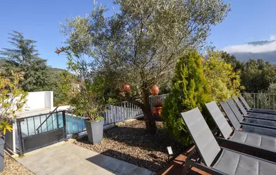 a patio with benches and trees and a fence at Awesome Home In Vero With Private Swimming Pool, Can Be Inside Or Outside in Vero