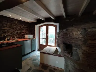 a kitchen with a fireplace and a stone wall at Holiday Home Sole e Ventu by Interhome in Velone-Orneto