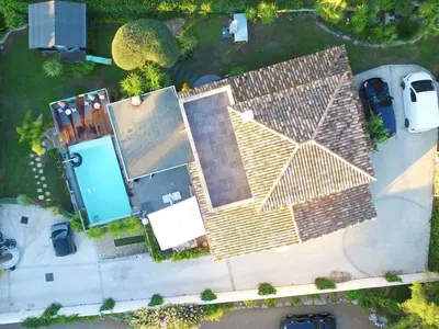 an overhead view of a house with a roof at Holiday Home Villa Casa Baggia- nahe am Meer mit eigenem Schwimmbad by Interhome in Porto-Vecchio