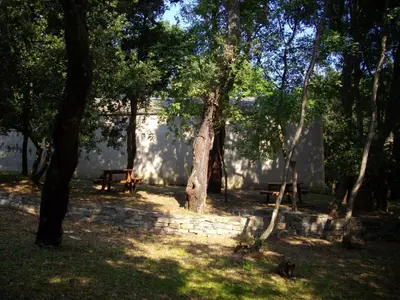a group of picnic tables in a park with trees at Apartment Sole e Ventu 50qm by Interhome in San-Giovanni-di-Moriani