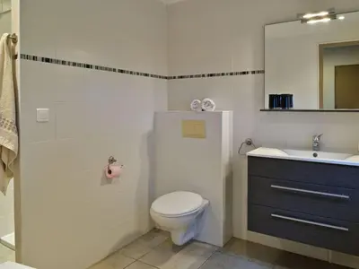a white bathroom with a toilet and a sink at Holiday Home Weingut Punta della Guardia Panorama von Macchia und Meer by Interhome in Cervione